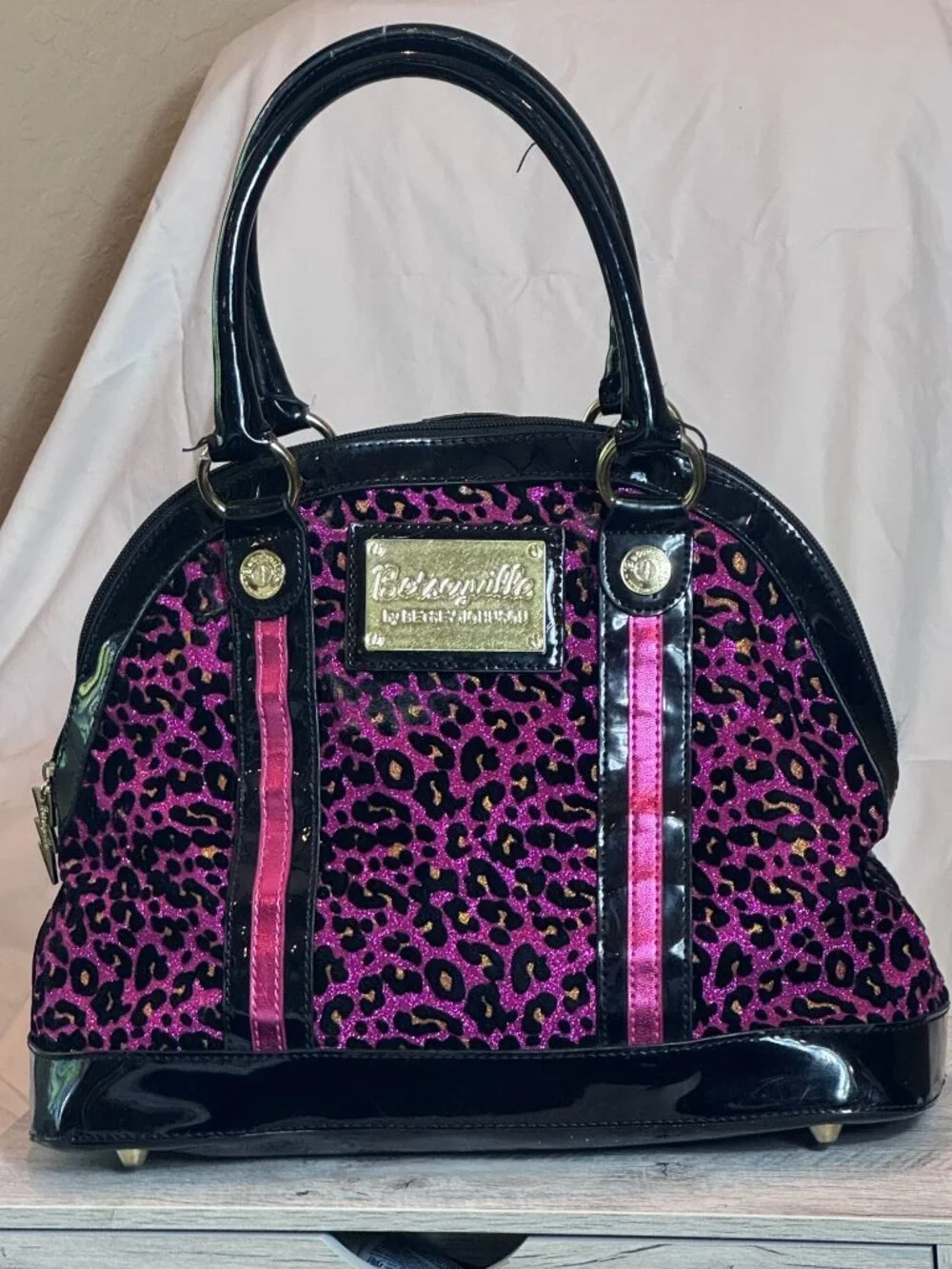 Betseyville by Betsey Johnson Pink Glitter Leopard Patent Dome Satchel Purse